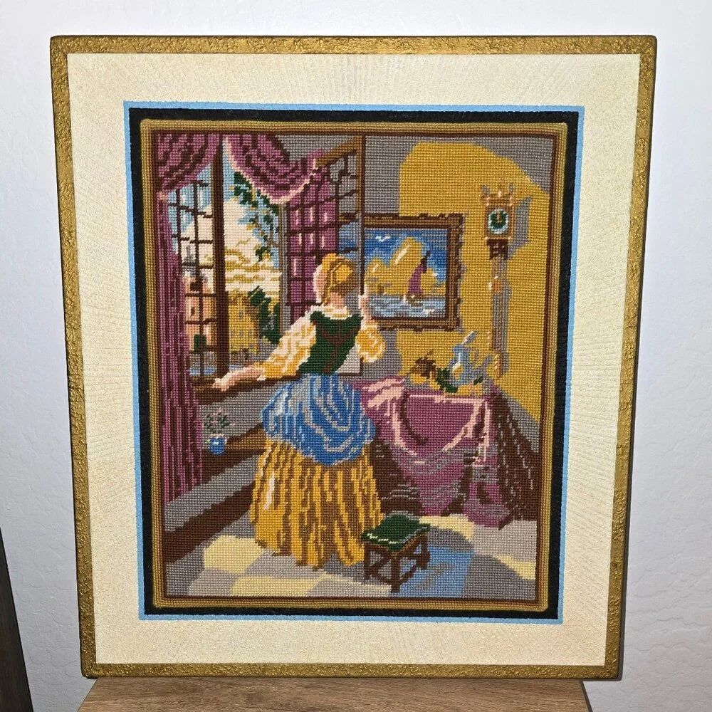 Vintage Framed Needlepoint Of Woman/Girl Looking out Window Large 23x20 Inches - Picture 1 of 11